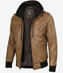 Men's Camel Brown Bomber Leather Jacket with Detachable Hood