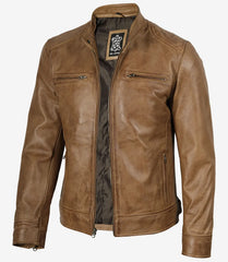 Men's Camel Brown Genuine Leather Biker Jacket