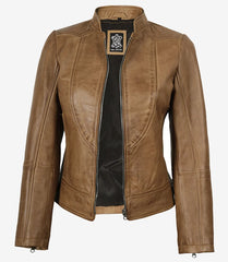 Amy Women's Camel Brown Leather Jacket Biker Style