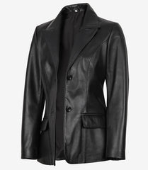 Women's Black Leather Blazer with Two Buttons