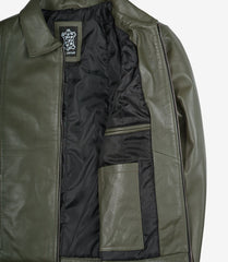 Men's Olive Green Leather Jacket with Classic Shirt Collar