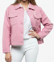 Women's Pink Wool Trucker Jacket with Button-Up Front