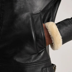 Francis B-3 Leather Bomber Jacket In Black & Cream
