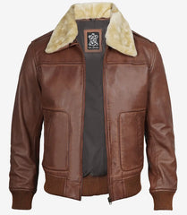 Men's Cognac Leather Bomber Jacket with Detachable Fur Collar