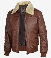 Men's Cognac Leather Bomber Jacket with Detachable Fur Collar