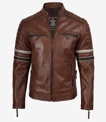 Men's Cognac Leather Biker Style Jacket with Dual Stripe Accents