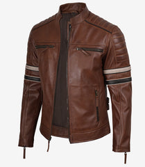 Men's Cognac Leather Biker Style Jacket with Dual Stripe Accents