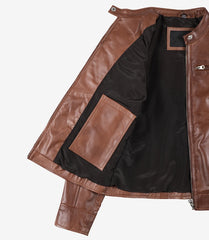 Women's Cognac Waxed Real Leather Jacket in Biker Style