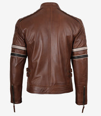 Men's Cognac Leather Biker Style Jacket with Dual Stripe Accents