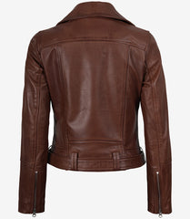 Women's Cognac Leather Jacket - Asymmetrical Biker Style with Belted Waist