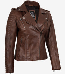 Women's Cognac Leather Biker Jacket with Detachable Hood