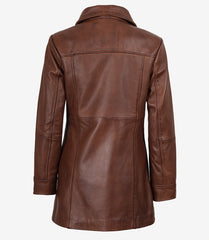 Women's Cognac Real Leather Coat in 3/4 Length with Button-Down Front