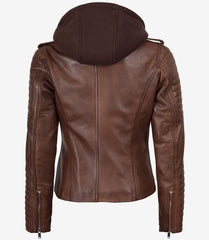Women's Cognac Leather Biker Jacket with Detachable Hood