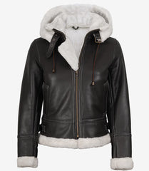 Women's Mary B3 Dark Brown Leather Jacket with Hooded Shearling