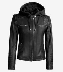Helen Women's Tall Black Real Leather Jacket with Detachable Hood