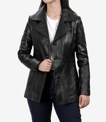 Bitonto Women's Black Leather Coat - 3/4 Length