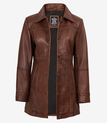 Women's Cognac Real Leather Coat in 3/4 Length with Button-Down Front
