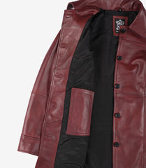 Women's Burgundy Leather Car Coat with Button-Down Closure