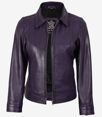 Women's Purple Leather Jacket Designed with a Shirt-Style Collar
