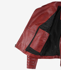 Women's Red Leather Jacket with Asymmetrical Padded Biker Design