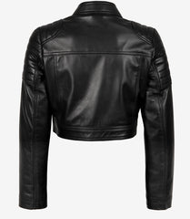 Women's Black Cropped Real Leather Jacket in Biker Style