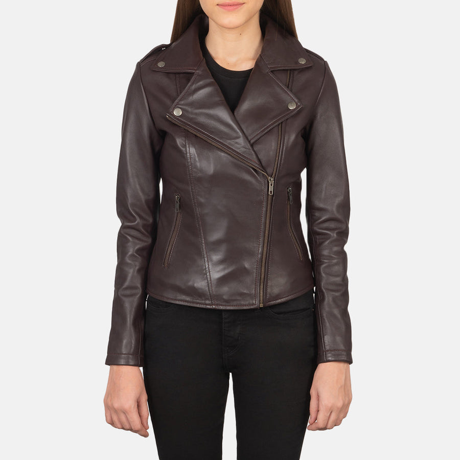 UrbanEdge Women Maroon Leather Moto Jacket