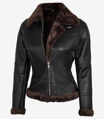 Womens Dark Brown Shearling Leather Bomber Jacket