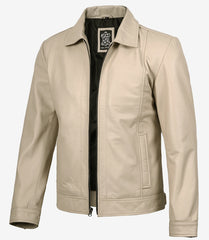 Men's Beige Harrington Leather Jacket with Classic Shirt Collar