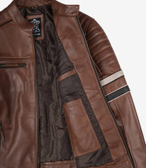 Men's Cognac Leather Biker Style Jacket with Dual Stripe Accents