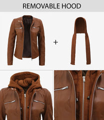 Helen Women's Cognac Leather Jacket with Detachable Hood