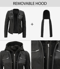 Helen Women's Tall Black Real Leather Jacket with Detachable Hood