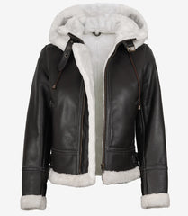 Women's Mary B3 Dark Brown Leather Jacket with Hooded Shearling