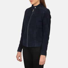 Kelsee Suede Biker Jacket In Navy Blue