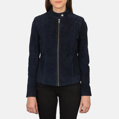 Kelsee Suede Biker Jacket In Navy Blue