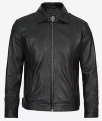 Men's Tall Vintage Black Leather Jacket with Shirt Collar