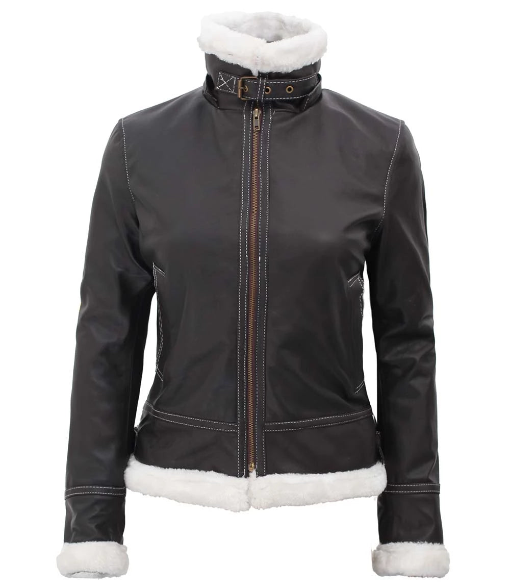 Noir Drift Women's Removable-Hood Shearling Leather Jacket