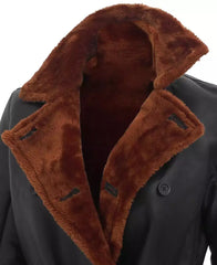 Women's Belted Black Shearling Leather Coat – Double-Breasted