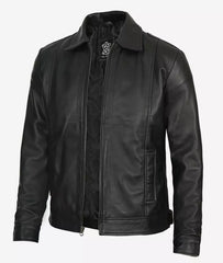 Men's Tall Vintage Black Leather Jacket with Shirt Collar