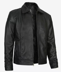 Men's Tall Vintage Black Leather Jacket with Shirt Collar
