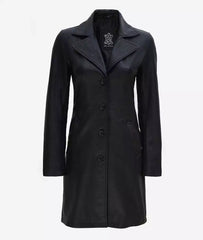Women's Tall Black Leather Coat with Wide Collar - 3/4 Length