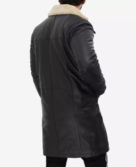 Mens Classic Black Leather Coat with Shearling Lining and Fur Trim