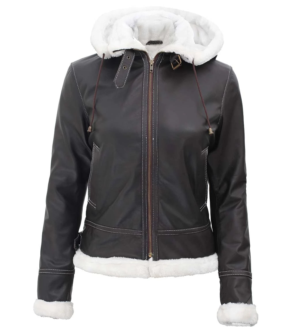 Noir Drift Women's Removable-Hood Shearling Leather Jacket