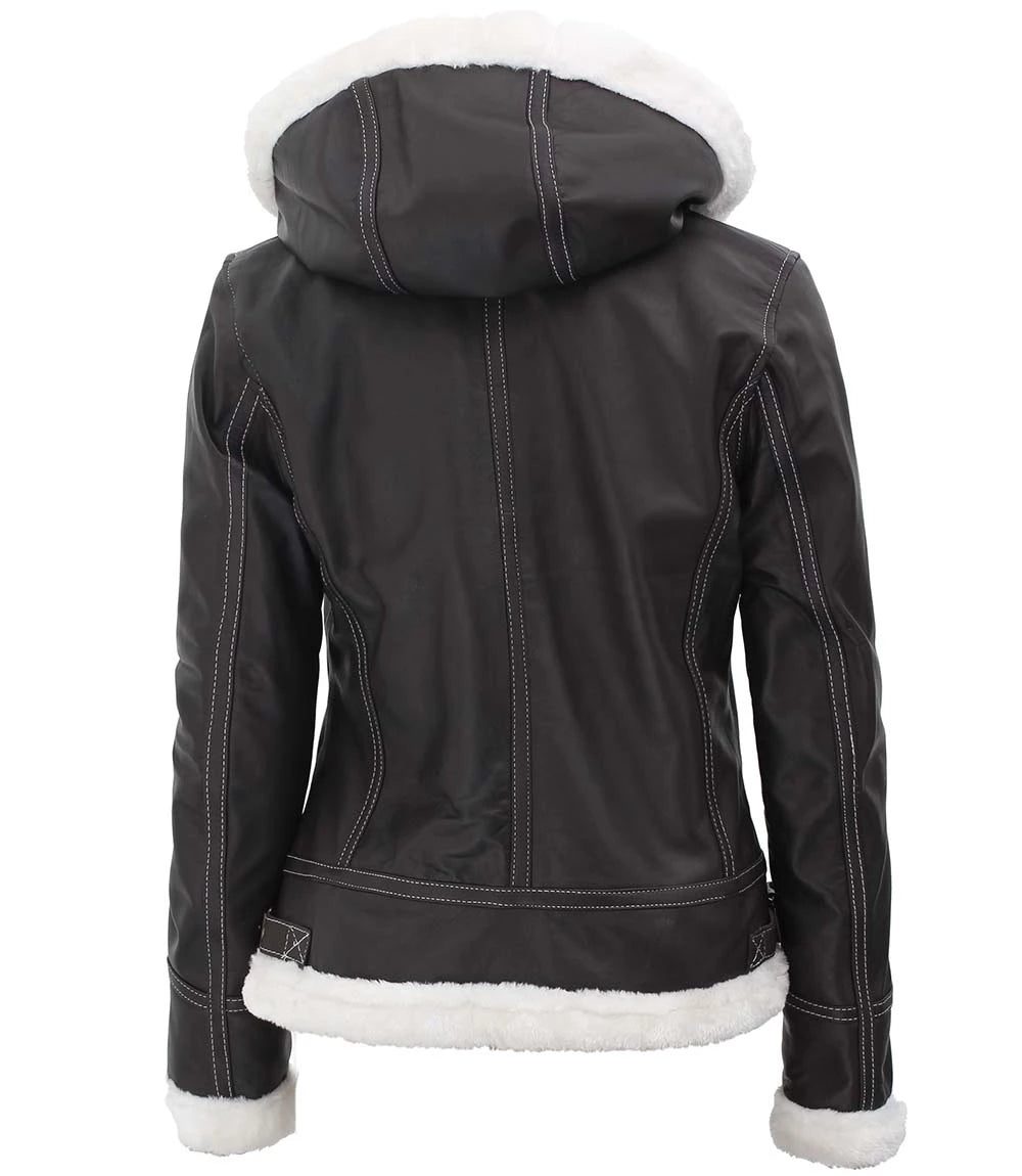 Noir Drift Women's Removable-Hood Shearling Leather Jacket