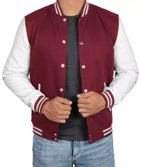 Men's Maroon Varsity Jacket with White Sleeves - Letterman Baseball Design