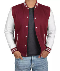 Men's Maroon Varsity Jacket with White Sleeves - Letterman Baseball Design