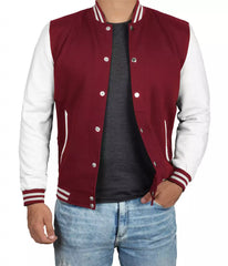 Men's Maroon Varsity Jacket with White Sleeves - Letterman Baseball Design
