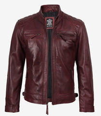Men's Tall Maroon Leather Biker Jacket with Quilted Shoulders