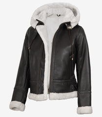 Women's Mary B3 Dark Brown Leather Jacket with Hooded Shearling