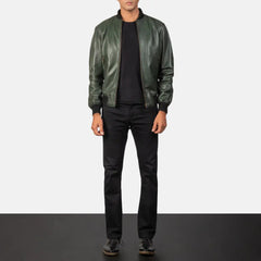 Shane Leather Bomber Jacket In Green