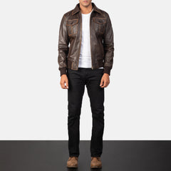 Aaron Oak Brown Leather Bomber Jacket